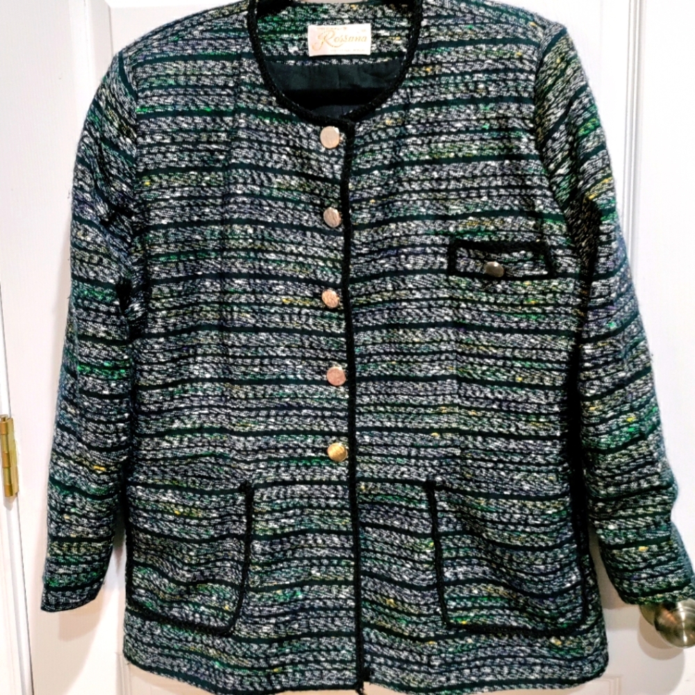 Vintage Rosanna woman's green tweed blazer jacket coat * no size tag Possible 14